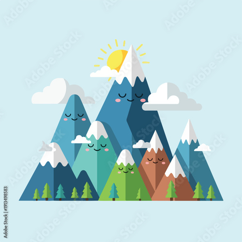 A cartoon scene featuring mountains, clouds, sun and evergreens