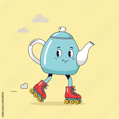 A cartoon teapot on roller skates, set against a simple yellow backdrop