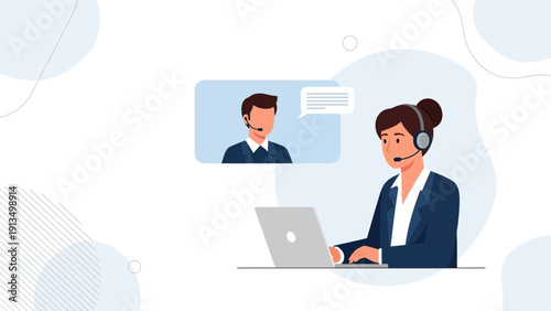 Customer Service Agent with Headset on Laptop, Video Call with Colleague