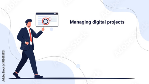 Businessman managing digital projects on screen, business concept