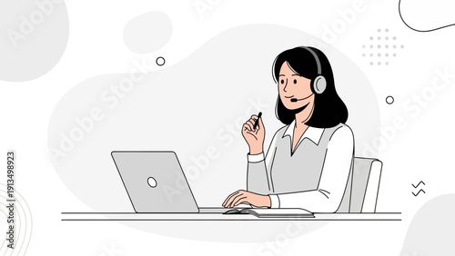 Customer service operator with headset and laptop, providing support and assistance