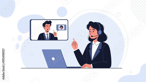 Customer service agent with headset talking via video call on laptop