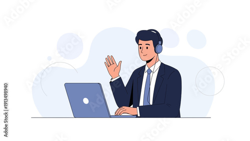 Man with headphones and laptop waving hello, online communication concept