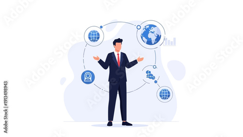 Businessman Managing Global Business Connections and Strategy