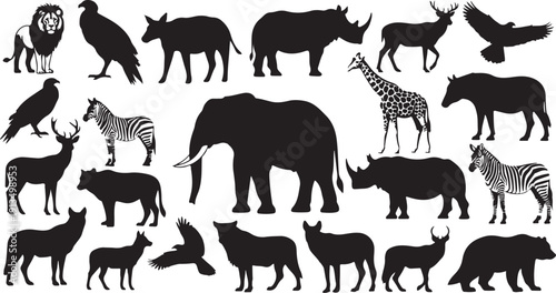 Collection of various African animal silhouettes on white background