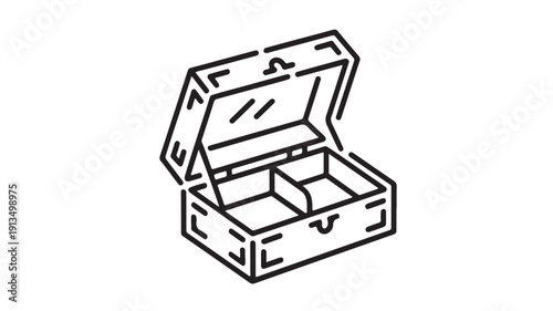 Open treasure chest with compartments in simple line art style on white background for graphic design