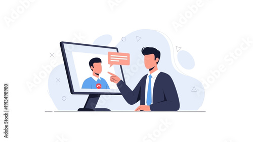 Online meeting: Man points at screen with video call participant, business communication