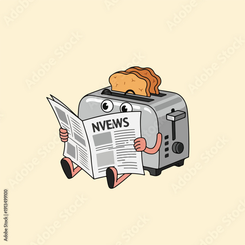 A cartoon toaster reading a newspaper with bread inside