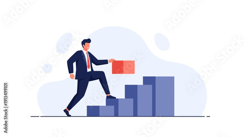 Businessman climbing stairs with red block, career growth, success, strategy, ambition concept