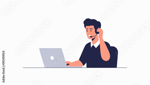 Customer Service Agent with Headset Working on Laptop, Flat Design Illustration