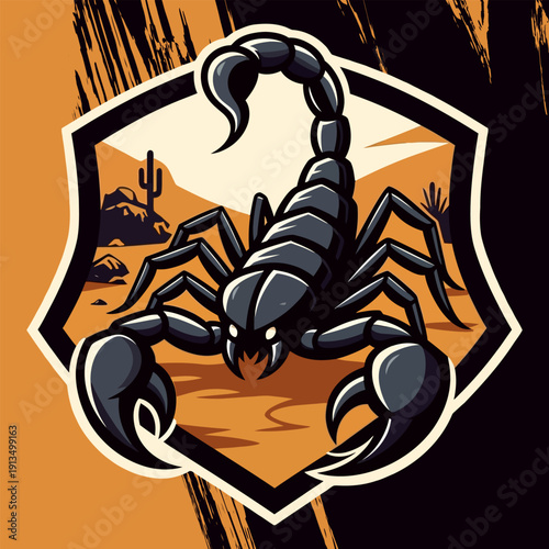 Black Scorpion Illustration in Shield Shape.