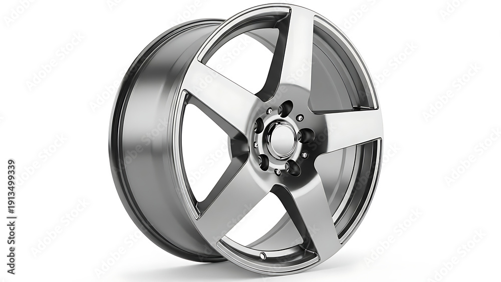 Obraz premium Polished silver five spoke car wheel on white background