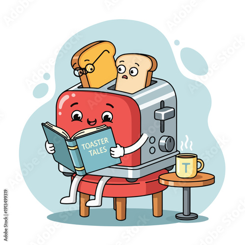 A cartoon toaster, reading "Toaster Tales", with toast in it, and coffee