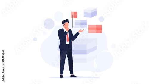 Businessman contemplating data flow and strategy with abstract cubes and charts