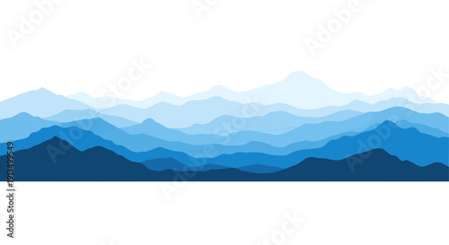A serene landscape of layered blue mountains against a white background
