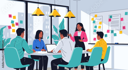 A group of people collaborating around a table in a modern office space with large windows.