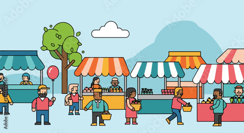 A busy, cheerful illustration of a marketplace with stalls and people