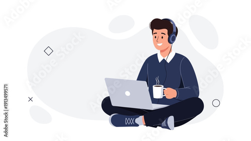 Man with headphones working on laptop and drinking coffee, flat design illustration