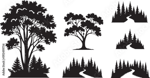 Black Silhouettes of Trees and Forests on White Background