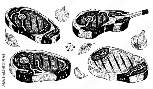 
Hand drawn steak sketch engraved vector set with beef lamb and pork butchery meat cuts