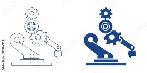 Robotic Assembly Arm with Gears Icon, Abstract Mechanical Integration and Automation Symbol, Modern Industrial Engineering Graphic, Blue Tech Manufacturing System Vector