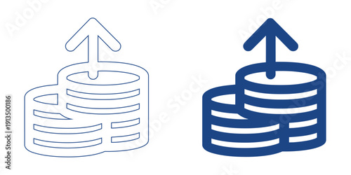 Financial Growth Coin Stack Icon, Abstract ROI Wealth Success Symbol with Rising Arrow, Fintech Cryptocurrency Investment Graphic, Blue Tech Money Savings Vector