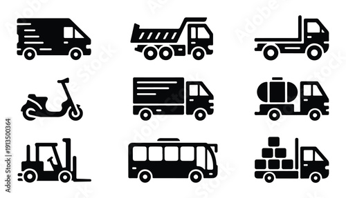 Delivery transportation icons set of cargo truck van bus and industrial vehicle silhouettes