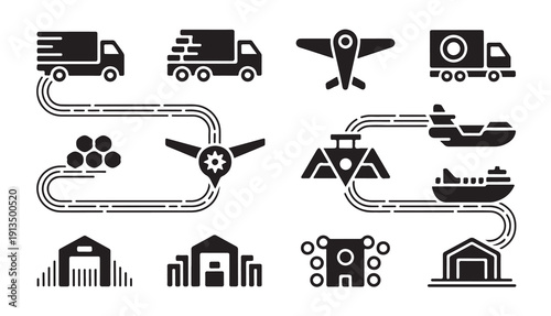 Logistics and transportation network icons. delivery trucks, planes, ships, warehouses, supply chain