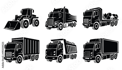 Detailed industrial truck illustrations featuring construction vehicles and cargo transport