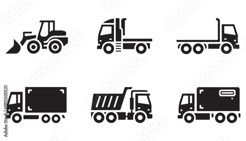 Set of heavy machinery and large vehicle icons. construction vehicles, flatbed trucks, dump trucks