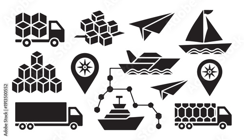 Shipping and logistics icons for cargo, delivery, and transportation modes