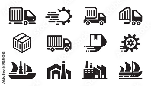 Logistics and shipping icons set featuring trucks cargo ships containers and industrial plant