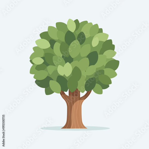 A cartoon tree with a leafy canopy and brown trunk, on a light ground
