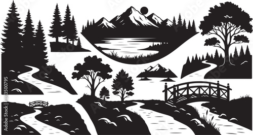 Serene mountain landscape with winding paths and trees silhouettes