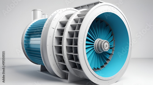 Sectional view of a spiral chamber hydro turbine. Part of a hydroelectric power plant. 3d render