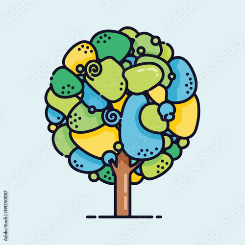 A cartoon tree with an abstracted, colorful, and rounded leafy crown