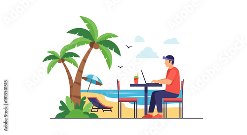 Man works on laptop at beach table, sipping orange drink beside palm tree under blue umbrella, birds flying overhead