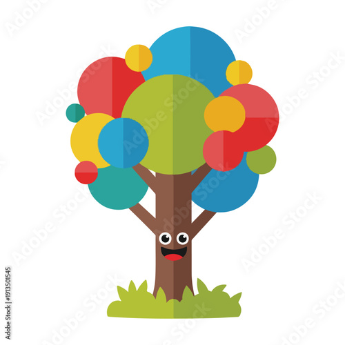 A cartoon tree with colorful leaves and a smiling face