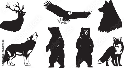 Wildlife Silhouettes of Animals in Nature Scene Black and White