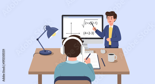 Man at Desk Writes Notes During Online Math Tutoring on Video Call with Whiteboard Computer