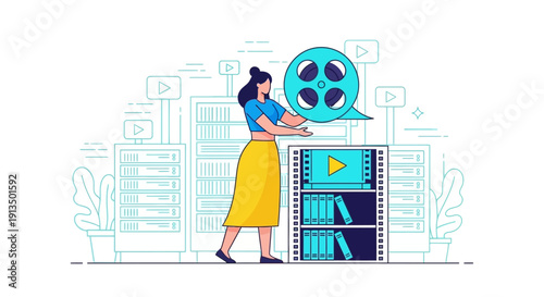 Woman Interacts With Tablet Near Server While Film Reel Floats in Creative Tech Studio