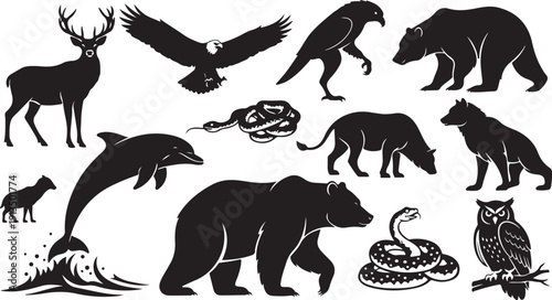 Black silhouettes of various wild animals on white background