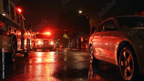 Emergency Vehicles on Dark Wet Street at Night.