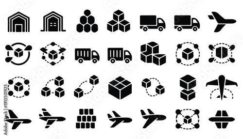 Logistics and supply chain icons for warehouse delivery and cargo transportation