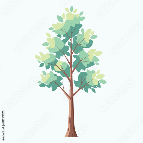 A cartoon tree with green and light green leaves, brown trunk