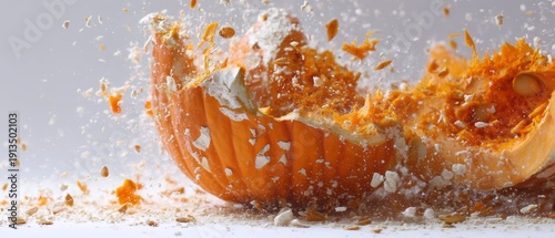 Exploding Pumpkin in Slow Motion with Vivid Orange Fragments