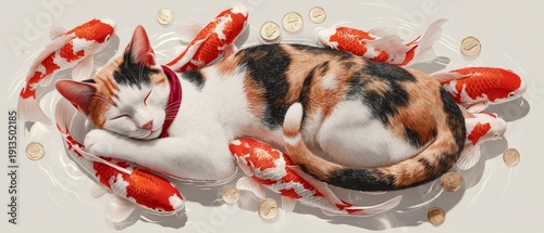 Calico Cat with Red Collar Surrounded by Koi Fish and Coins