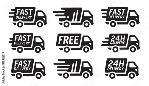 Express shipping service badges with fast delivery truck silhouettes and promotional labels