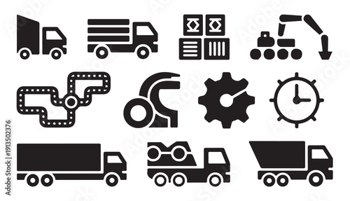 Industrial logistics and transportation icon set, delivery trucks and cargo containers silhouette