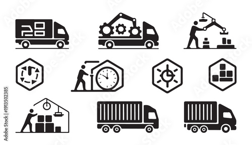 Logistic operations icons showing warehouse workers loading trucks and automated distribution